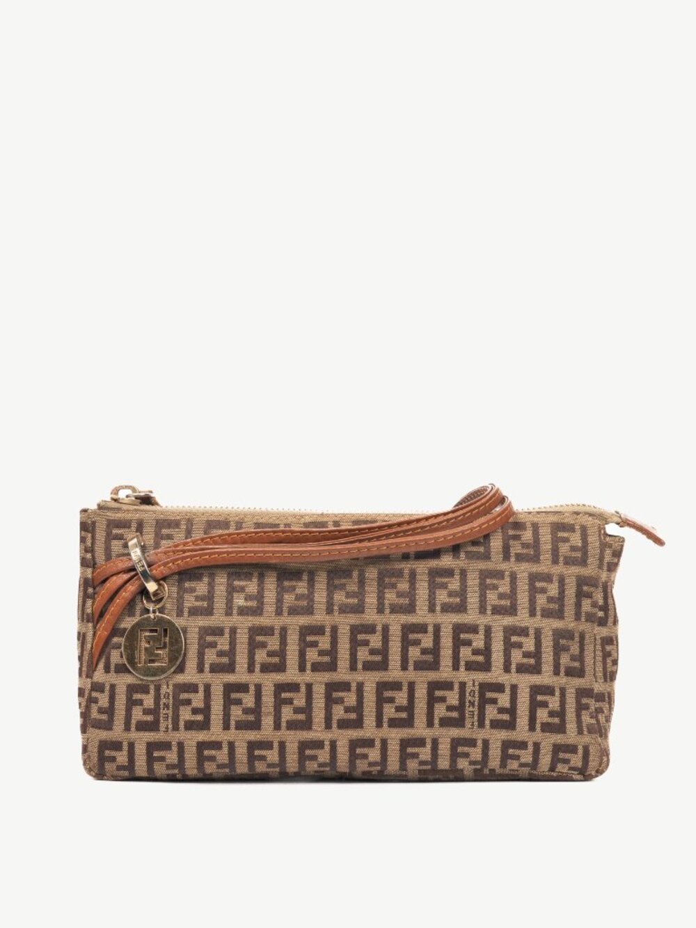 Fendi Beige Zucchino Monogram Canvas Leather-Trim Pochette